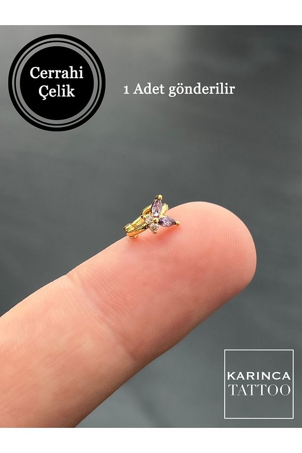 Kelebek Halka Mor Taşlı Piercing Rook Daith Forward Helix Snug Küçük Tragus Piercing Küpe - 4