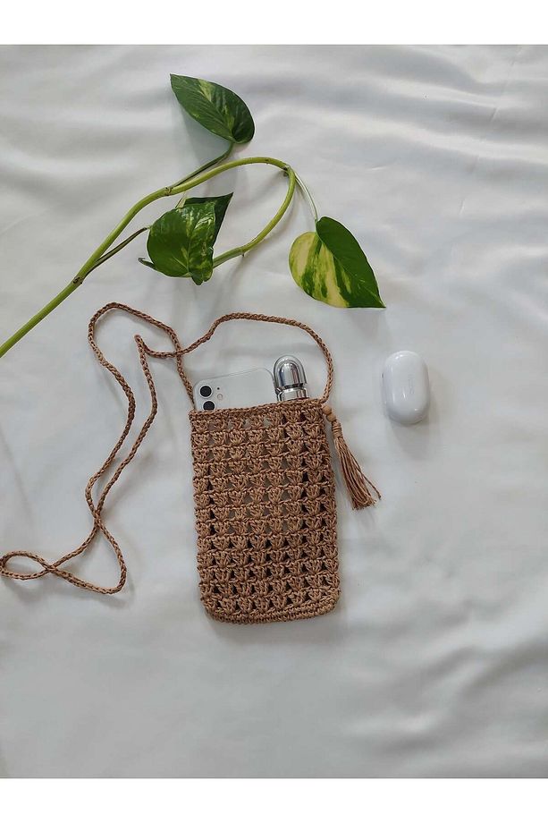 Hasır Telefon Çantası, El Örgüsü Çarpraz Çanta - 3