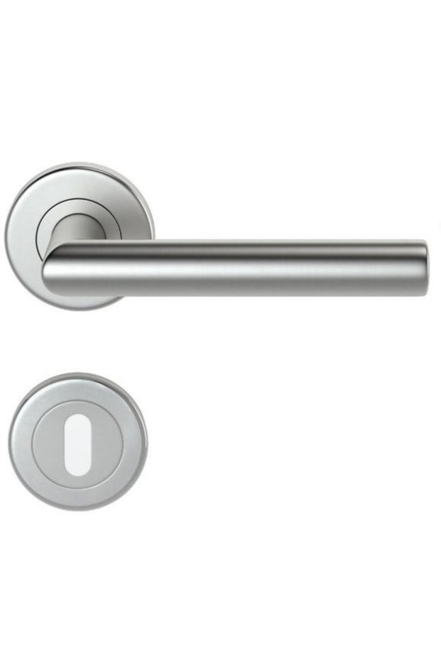 Stainless Steel Door Handle with Rosette, Pointed Corner, Satin Finish.