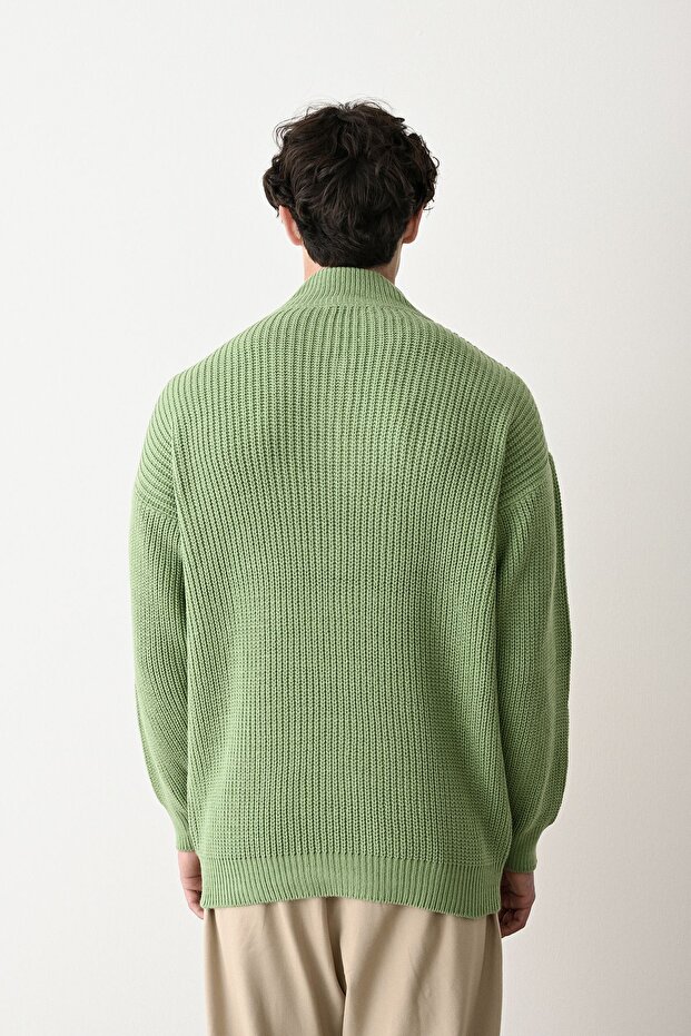 Fermuarlı Yeşil Dik Yaka Basic Oversize Kazak - 4