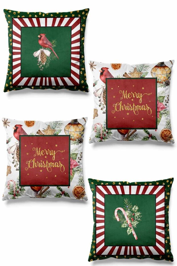 Double-Sided Printed Cardinal Christmas Patterned Set of 4 Suede Throw Pillow Covers - New Year - Christmas