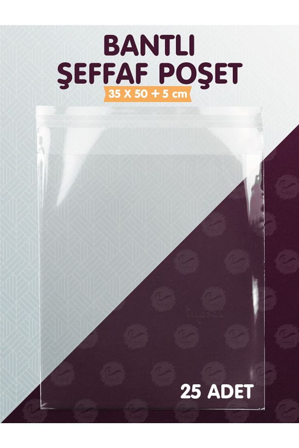 Bantlı Şeffaf Poşet (35*50+5cm)  25 Adet Parlak Jelatin Paket Hediye Poşeti -T1064 - 2