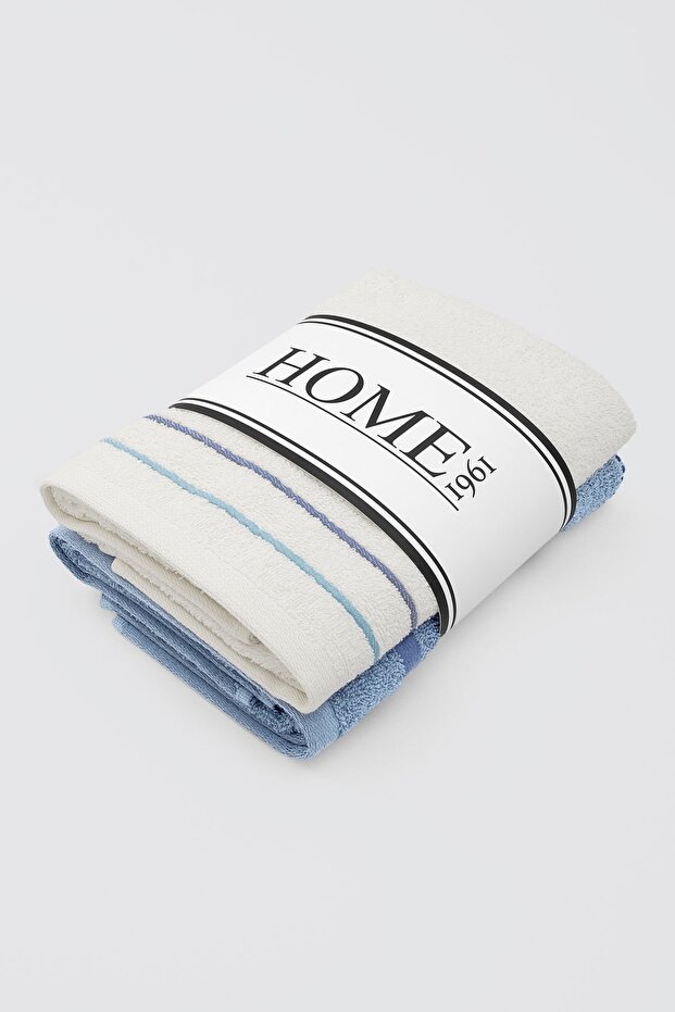 100% Cotton Soft and High Water Absorbent 2-Piece Towel Set - Blue & Cream Striped Towel 50X90 cm - Valerie