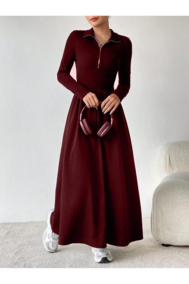 Women's Collar Zippered Midi Dress / Tunic