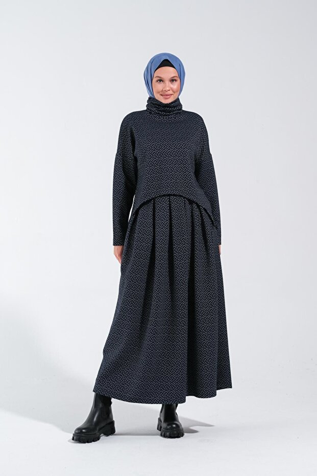 2248_High Collar Wide Fit Blouse and Skirt Set