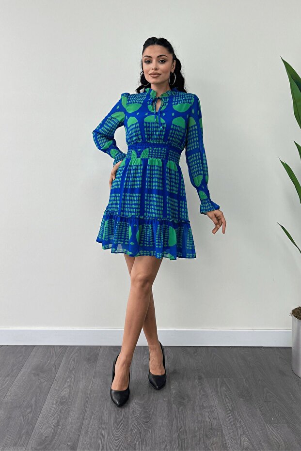 Chiffon Fabric Mini Dress with Elastic Waist Detail - Saks Blue