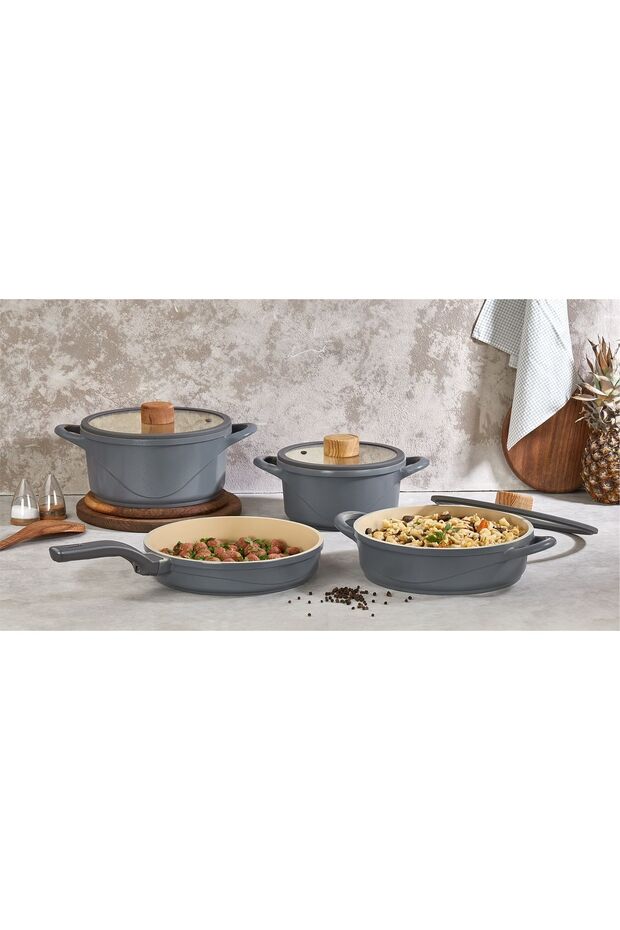 12050 - oyster - pure ceramic - 7 piece - biogranit, ceramic pot set anthracite body-wood detail