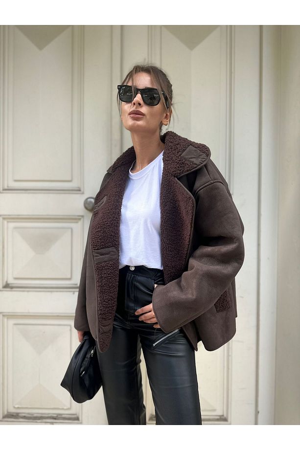 Else Acı Kahve Dokulu Süet Içi Peluşlu Oversize Zr Model Mont - 4