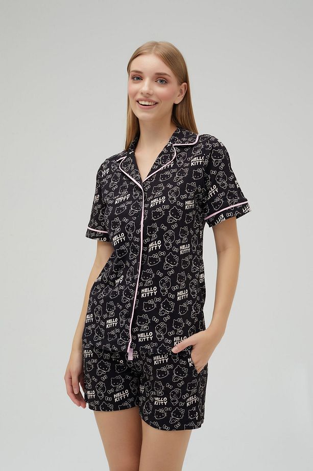 Lisanslı Düğmeli Siyah Kısa Kollu Şortlu 100% Pamuklu Pijama Takım Roz-250 - 6