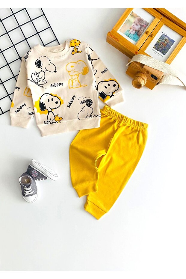 Cheerful Babies Snopy Printed Pattern Two Yarn Combed Fabric Set Yellow