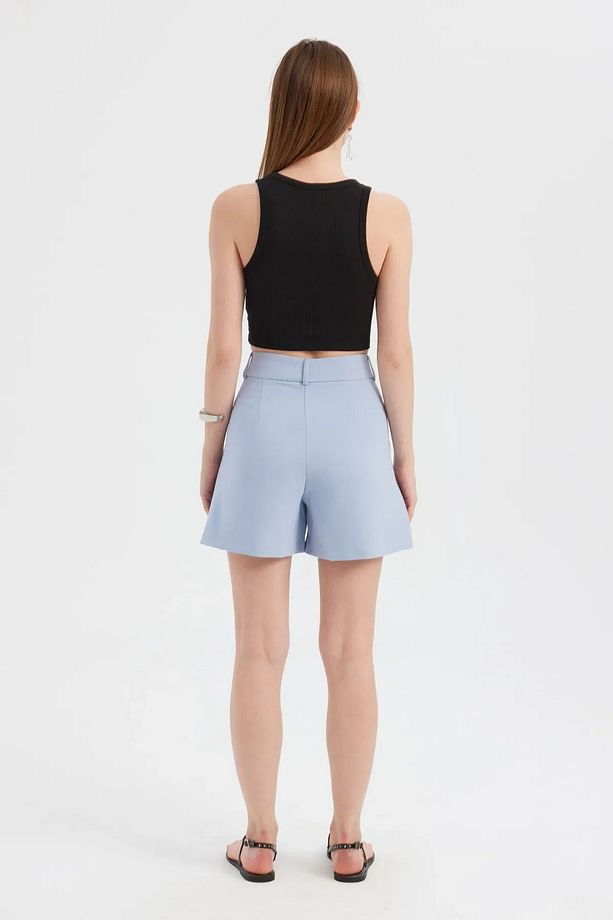 Pileli Yüksek Bel Wide Leg Şort - 4
