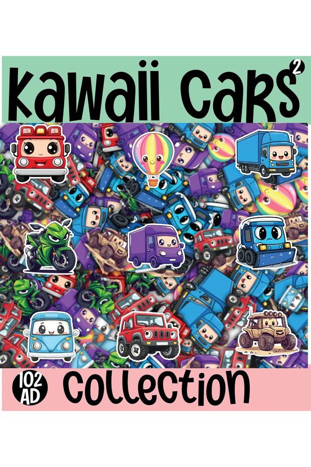 Kawaii Cars Themed 2 Pages A4 97 Pieces Sticker Set