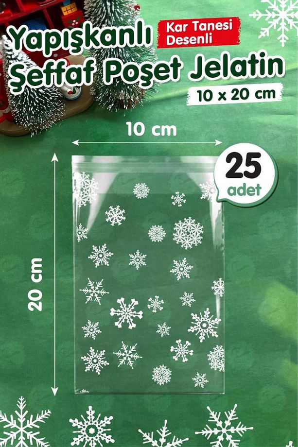 Kar Tanesi Desenli Bantlı Yapışkanlı Şeffaf Poşet Jelatin 10x20 Cm 25 adet -T1060 - 4