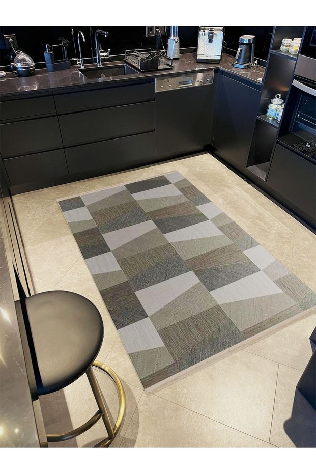 Atlas Collection Gray Themed Geometric Square Patterned Creative Modern Decorative Carpet 36