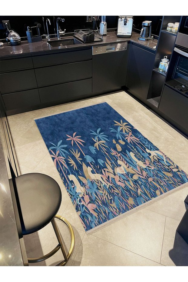 Atlas Collection Blue Themed Pastel Palm Trees and Leopard Patterned Modern Decorative Carpet 38
