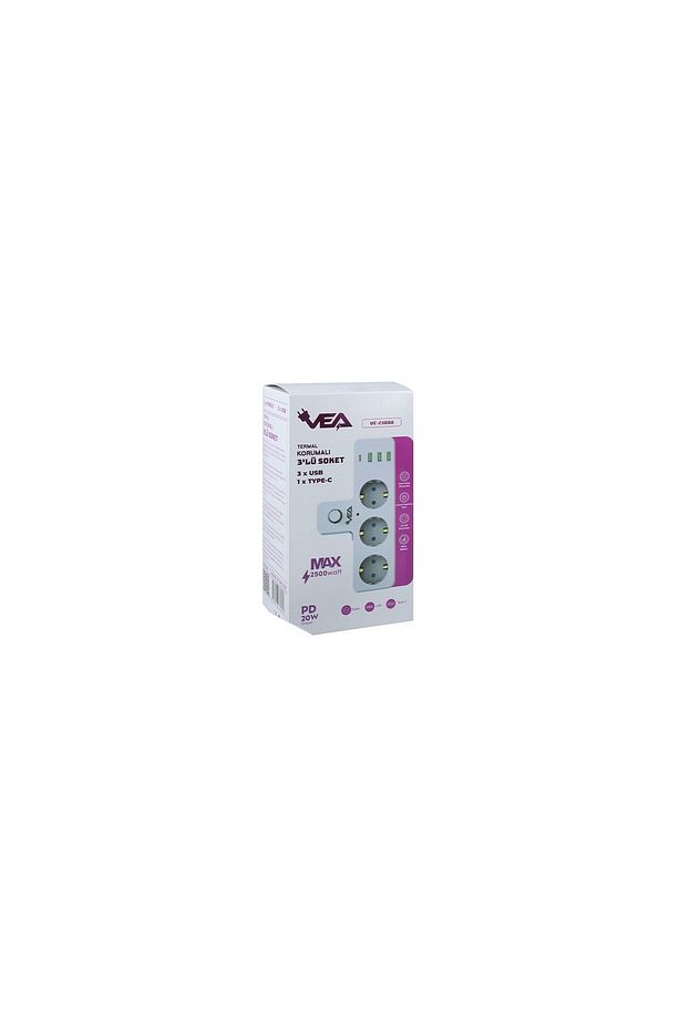 Anahtarlı Topraklı Priz Adaptörü, 3 SOKETLİ 3xUSB 2.4A, 1xTYPE-C 20 watt,  10 A, 2500 W, - 4