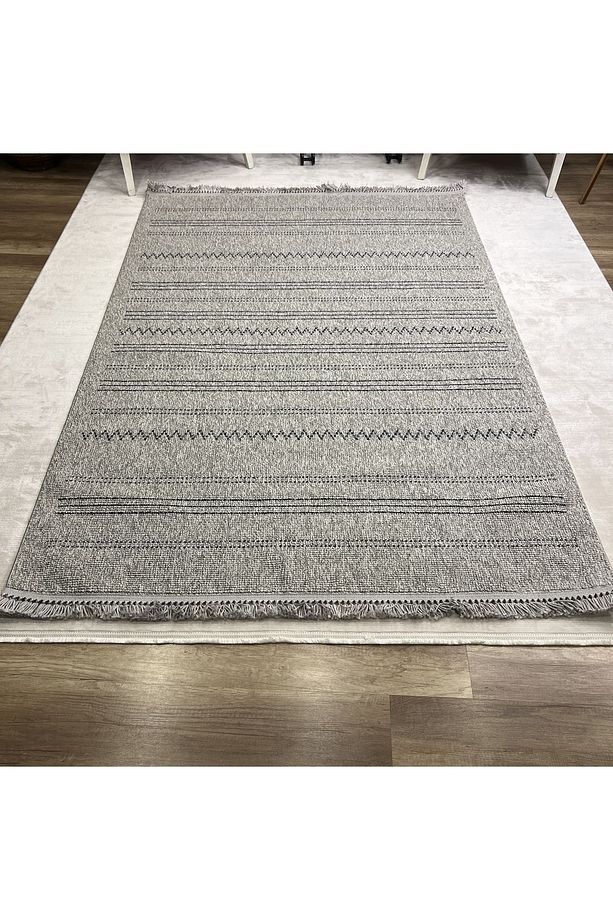 Gri Çizgisel Desenli Iskandinav Halı - Yumuşak Mutfak Ve Koridor Halısı - Lora Plus 3921 - 6