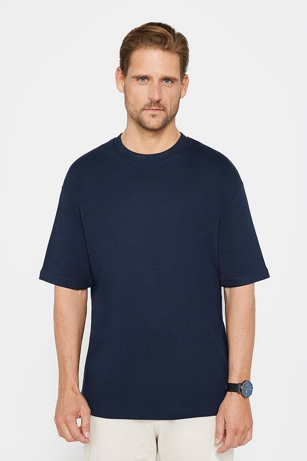 Unisex Oversize Geniş Kesim %100 Pamuk Yumuşak Dokulu Basic Bisiklet Yaka Lacivert Tişört - 2