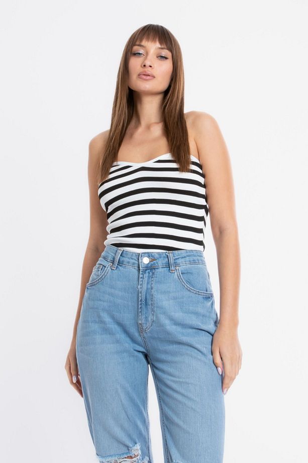 Şeritli Straplez Örme Crop Top - 1