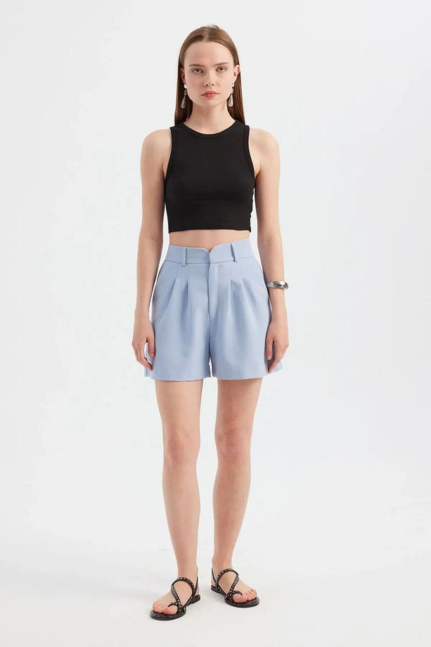 Pileli Yüksek Bel Wide Leg Şort - 2
