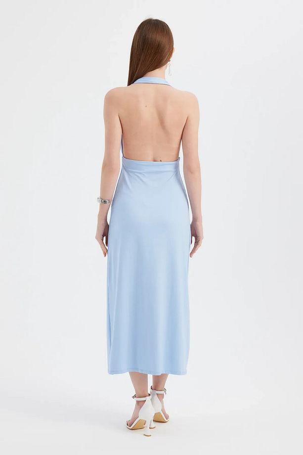 Sırt Dekolteli Halter Yaka Midi Elbise - 4