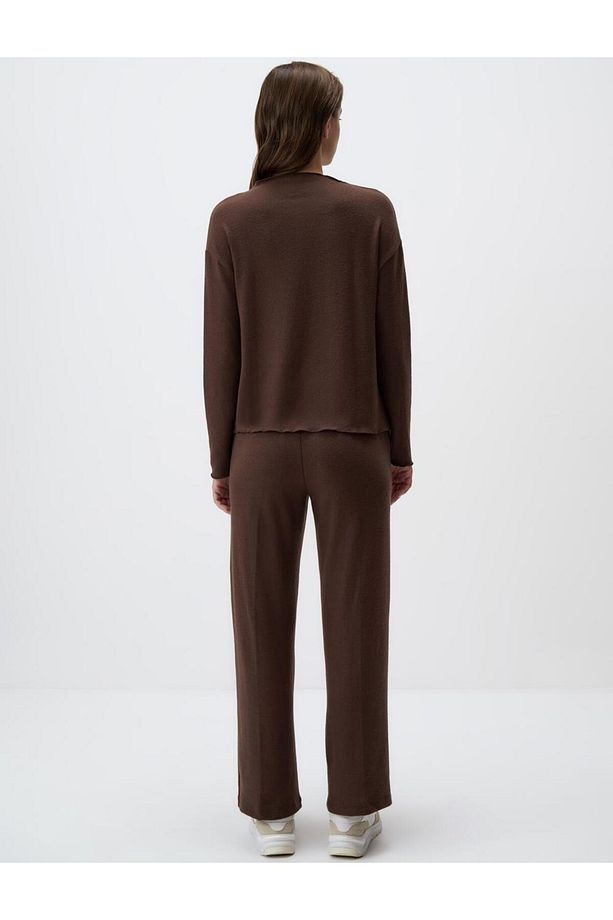 Kahve Melanj Düz Kesim Kayık Yaka Örme Sweatshirt - 6
