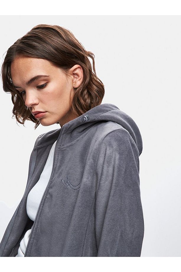 Düz Kapüşonlu Polar Fermuarlı Regular Fit Gri Sweatshırt - 6