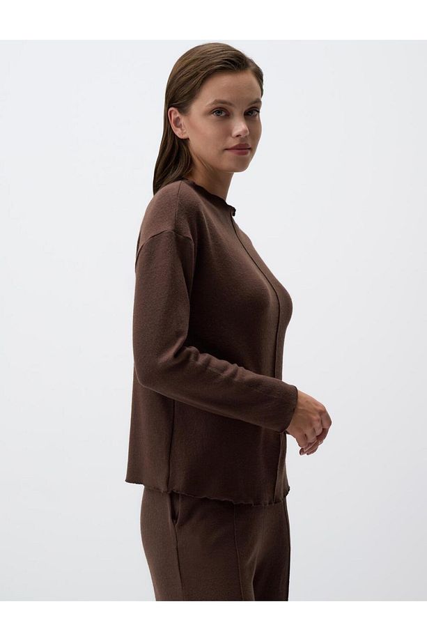 Kahve Melanj Düz Kesim Kayık Yaka Örme Sweatshirt - 4