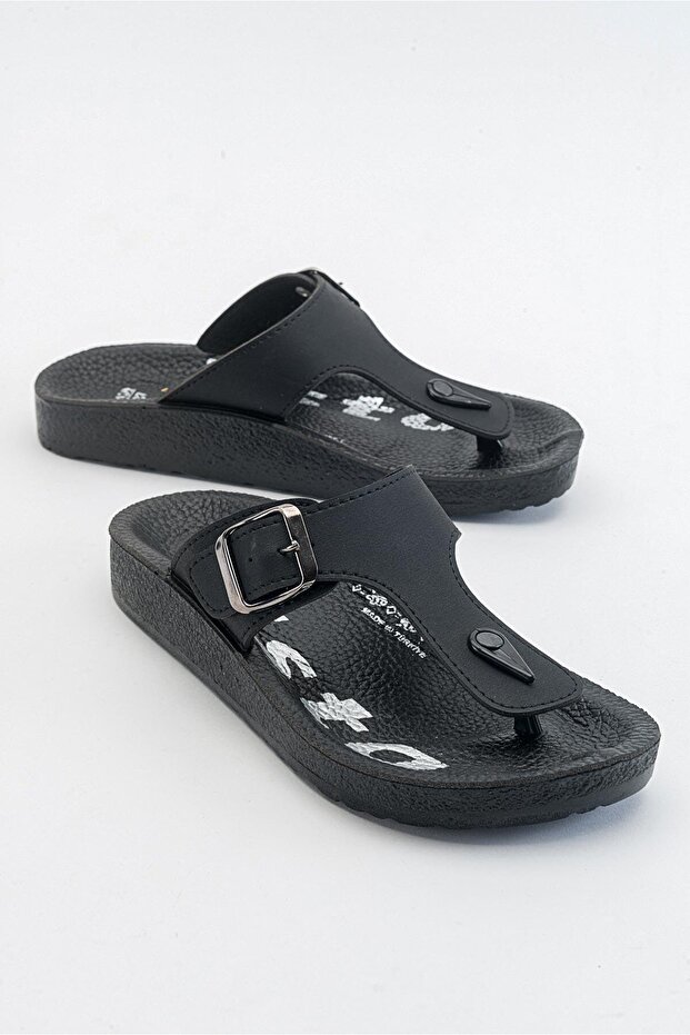 Women's Flat Slippers with Flip-Flop Buckle Black