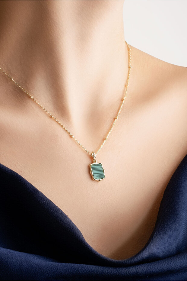 Malahit Işığı 18 Ayar Sarı Altın Kaplama 47 Cm Gümüş Minimal Kolye - 3