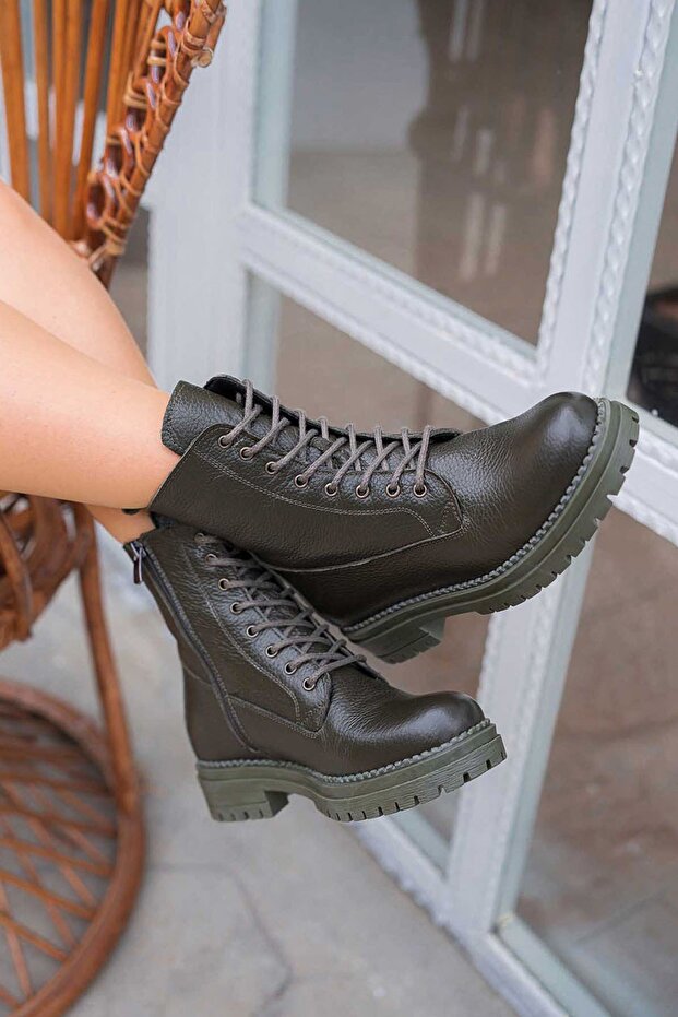 Nicole Lace-Up Genuine Leather Women's Boots Green
