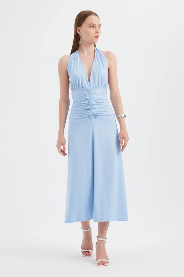 Sırt Dekolteli Halter Yaka Midi Elbise - 2