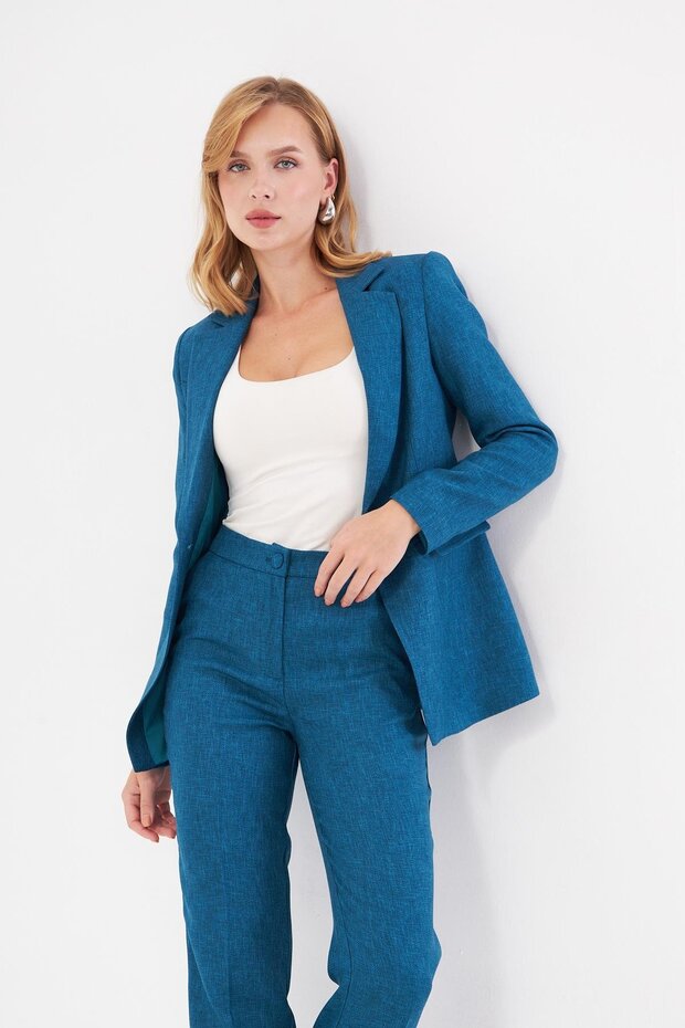 Tek Düğme Yün Efekt Takım Petrol - 6