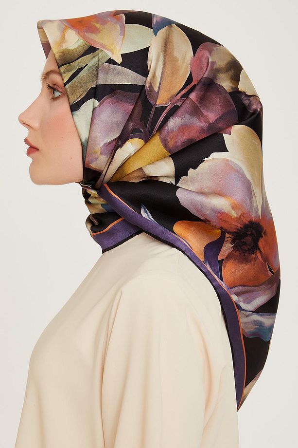 İpek Eşarp 2025 Kış - 9205-02 Siyah Mor Twill - 2