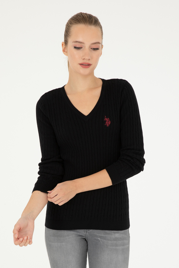 Women's Black V-Neck Basic Sweater 50293561-Vr046