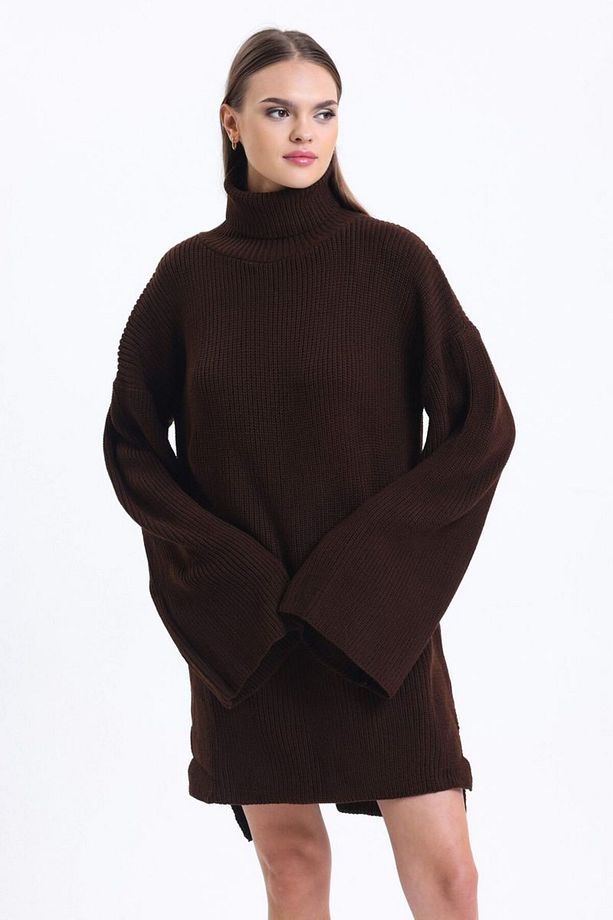 Örgü Kazak Yaka Uzun Kollu Mini Oversize Elbise - 1