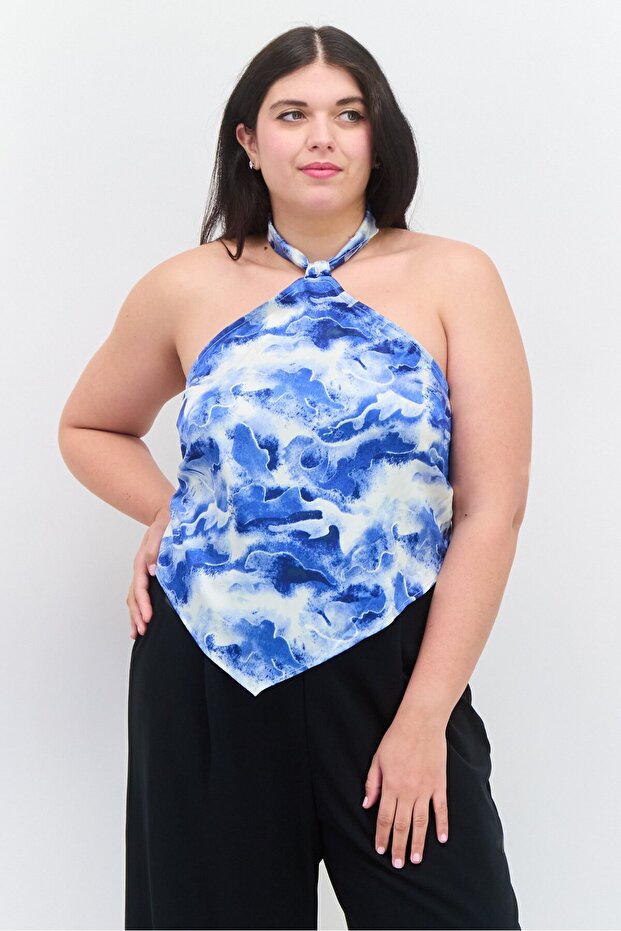Women Halter Neck Sleeveless Abstract Print Satin Top, Multicolor