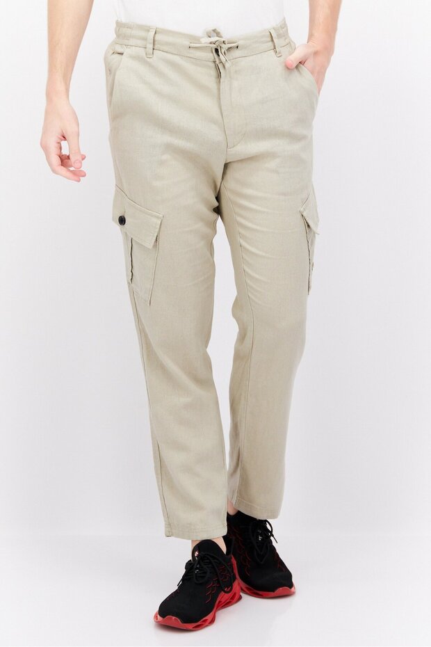 Men Regular Fit Solid Drawstring Pants, Beige - 1