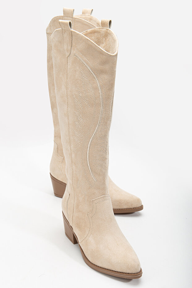 RİSSOLİ BEŽ KREM SÜET Nakışlı Western Kovboy Bot Çizme - 3
