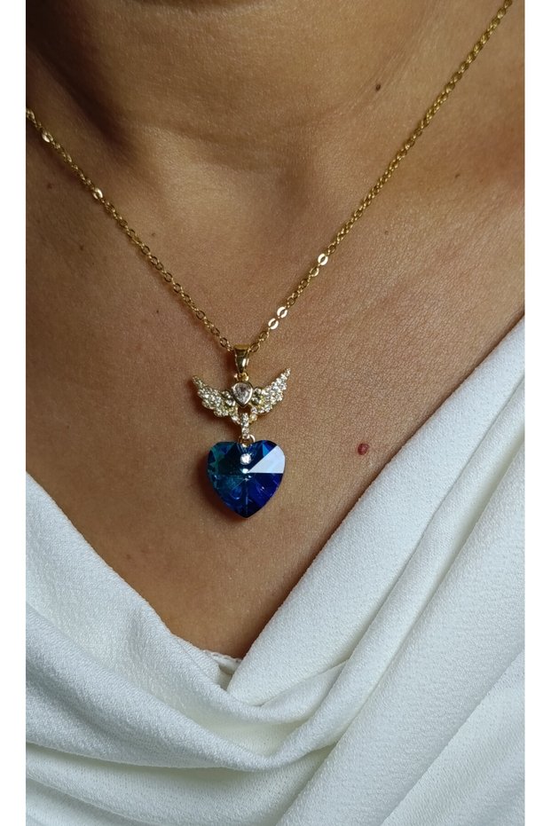 Women's Necklace Blue Jewelled Angel Wings Yellow Chain Jewelry Jewel Necklace
