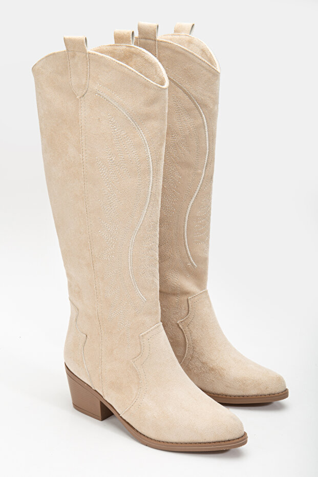 RİSSOLİ BEŽ KREM SÜET Nakışlı Western Kovboy Bot Çizme - 1