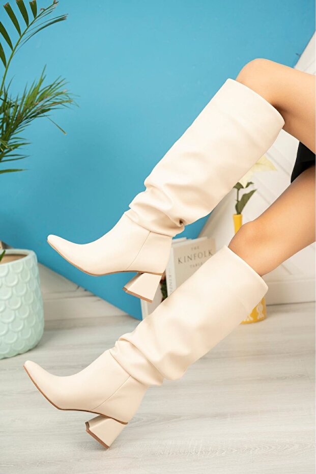 Syt-2002 Beige Bellows Thick Heeled Daily Boots