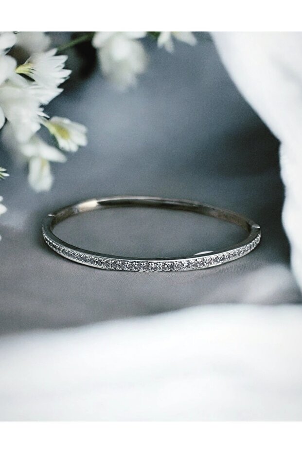 Silver Zircon Stone Stainless Steel Handcuffs Bracelet
