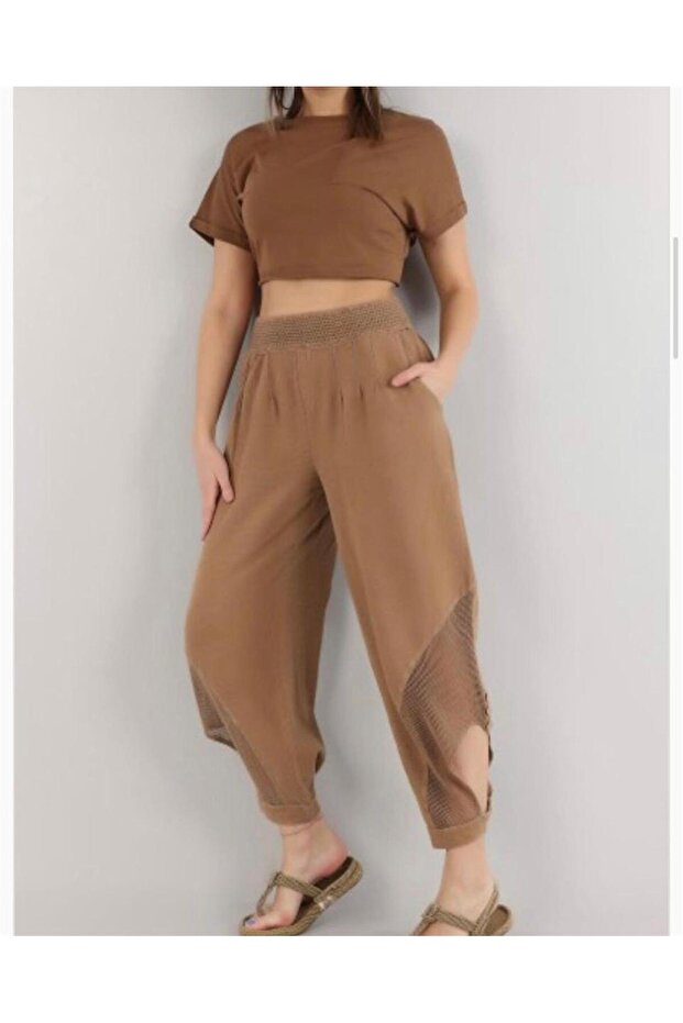 Linen Trousers with Mesh Detail