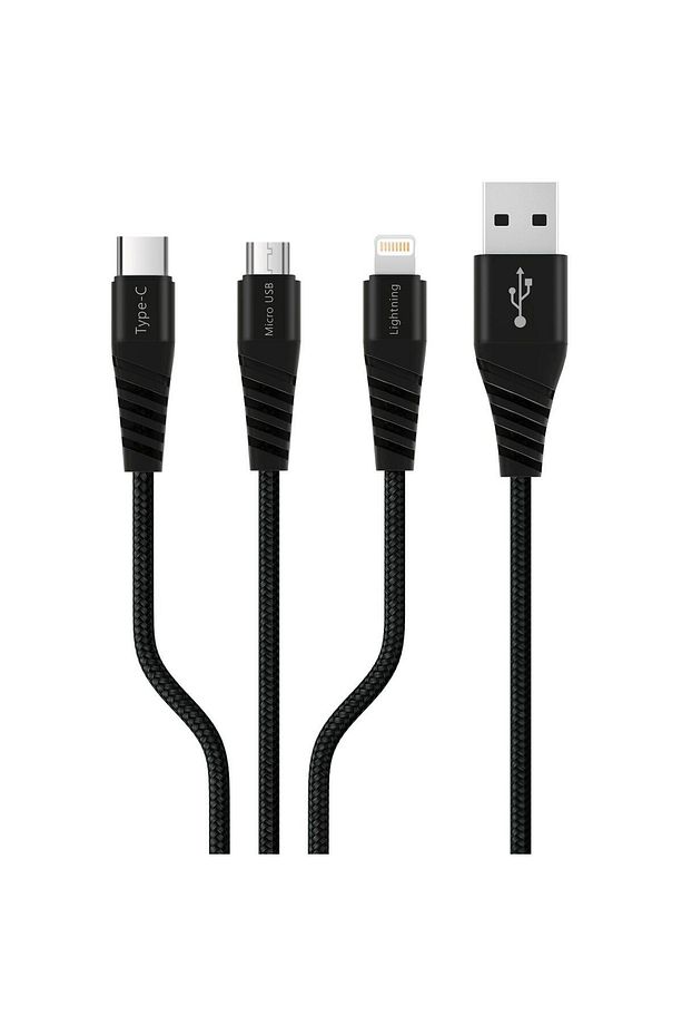 PBS412 Type-C Micro USB Lightning Çıkışlı 3 in 1 Şarj Kablosu 1.2 Metre Siyah - 1