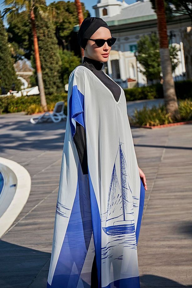 Remsa Tesettür Mayo Üzerine Tasarım Tek Kaftan Pareo RDP003 Yelkenli - 4