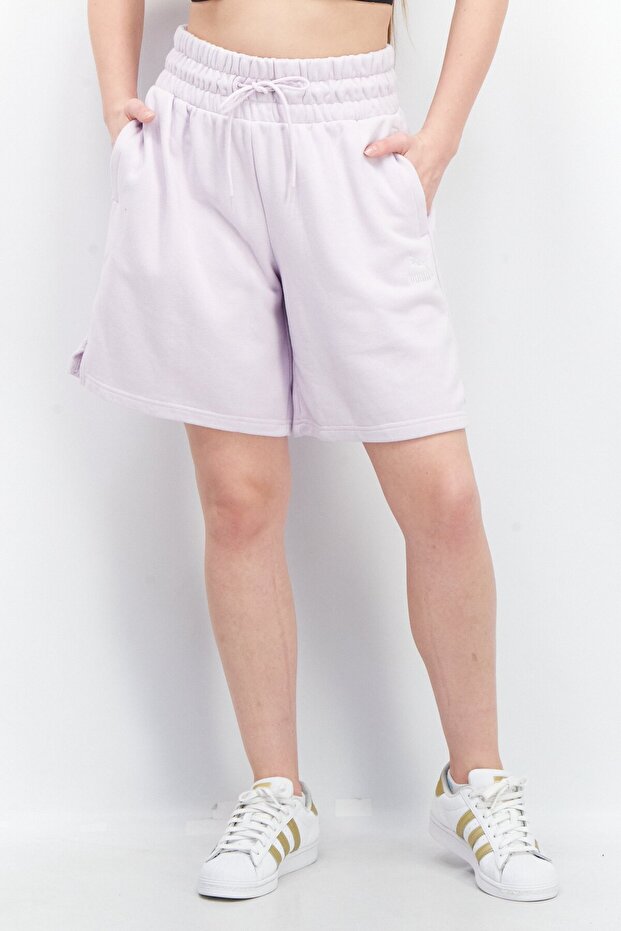 Women Sportswear Fit High Waist Embroidered Drawstring Shorts, Lavender