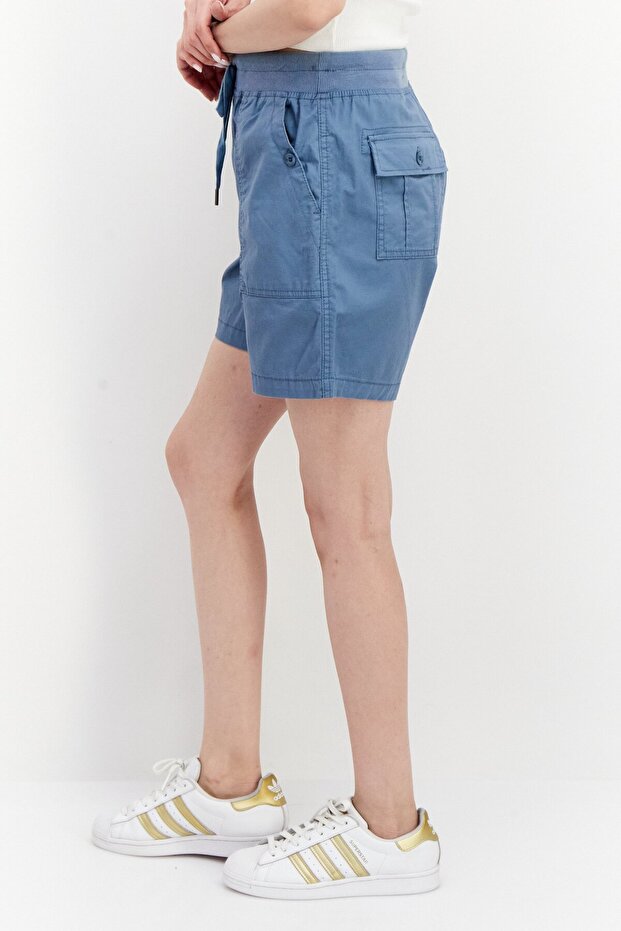Women Drawstring Plain Basic Shorts, Blue - 4