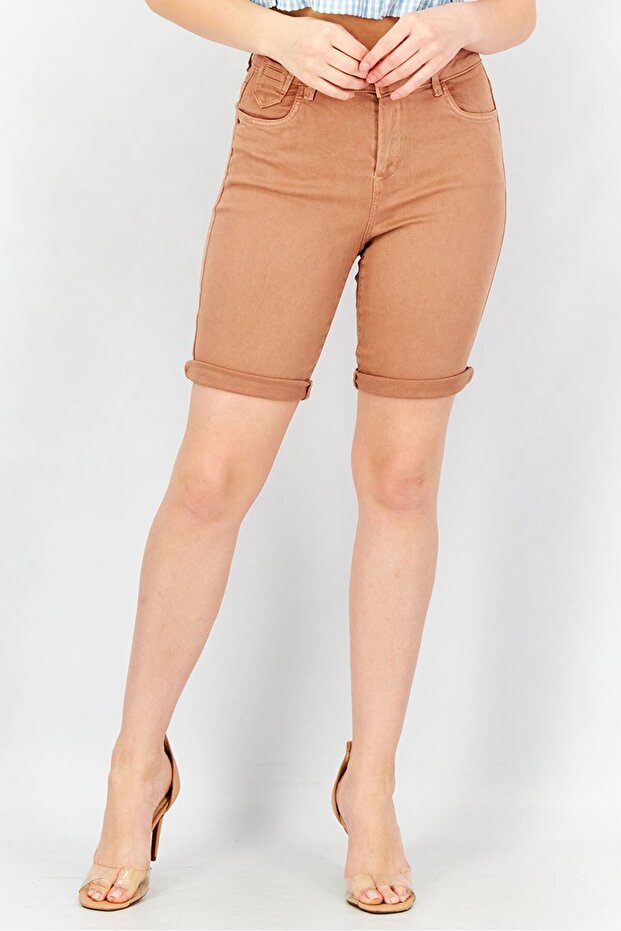Women Solid Five Pocket Denim Shorts, Coral
