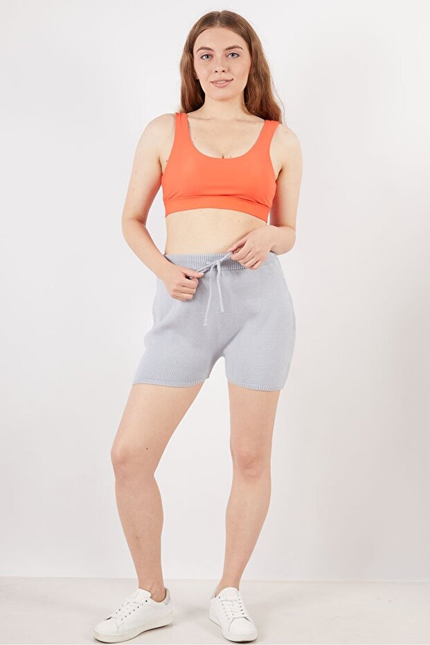 Women Plain Drawstring Basic Shorts, Grey - 4